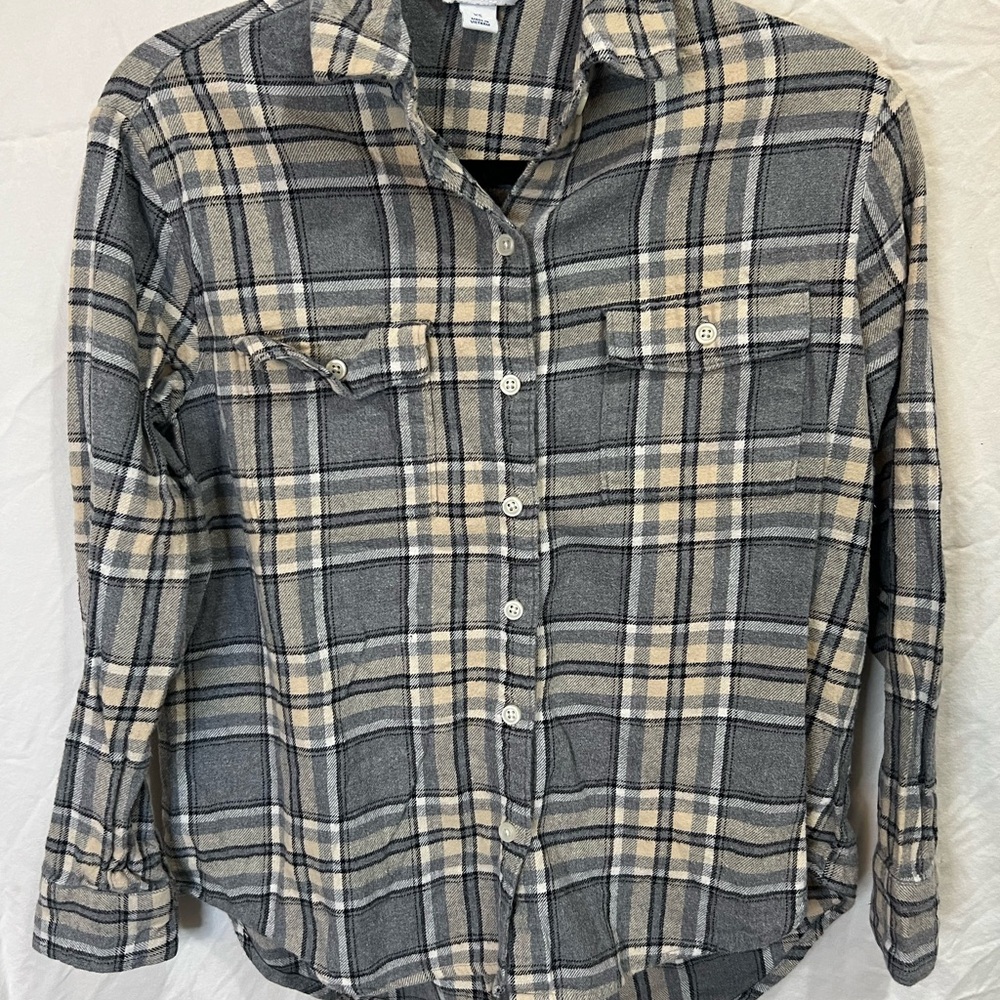 Old Navy The Boyfriend Shirt Gray & Cream Plaid Button-Up Flannel, Size XS